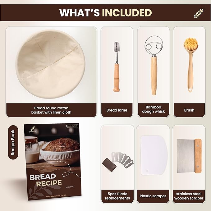 BAKERIA 9" Banneton Proofing Basket Kit (Round) ??Sourdough Bread Making Set with Danish Whisk