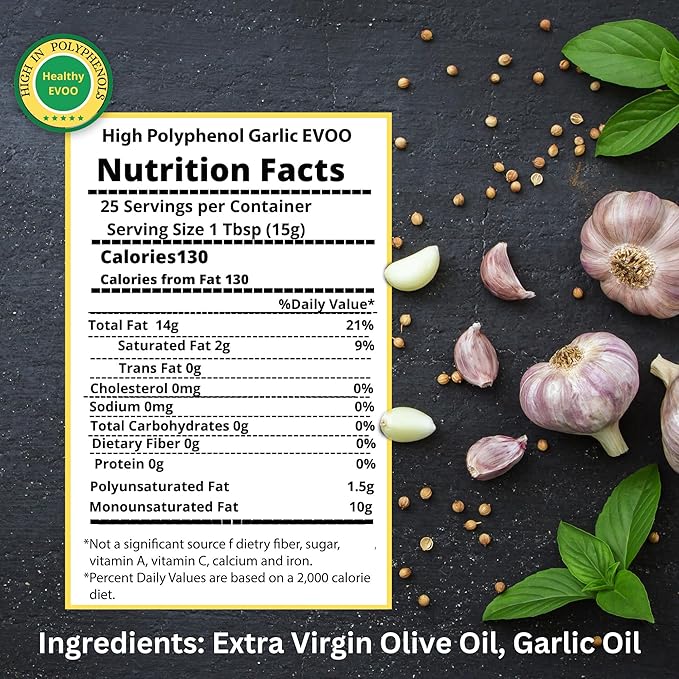 M.G. PAPPAS High Polyphenol Rich Garlic Infused Olive Oil - Extra Virgin Olive Oil - Over 500mg/kg
