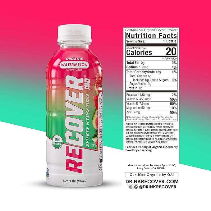 RECOVER 180 Organic Sports Hydration Drink, No Sugar Added, 20 Calorie Sports Beverage, Organic