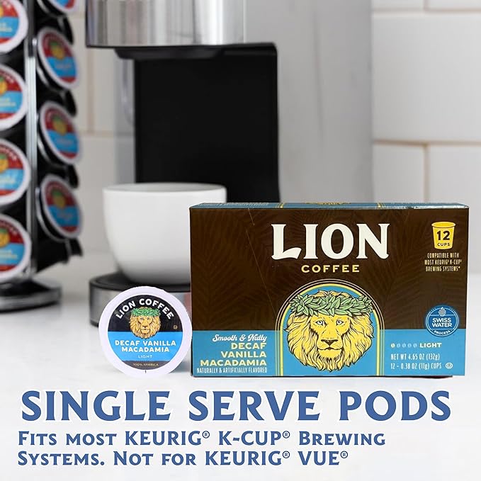 Lion Coffee Swiss Water DECAF Vanilla Macadamia Medium Roast Coffee Pods - Single-Serve Pods