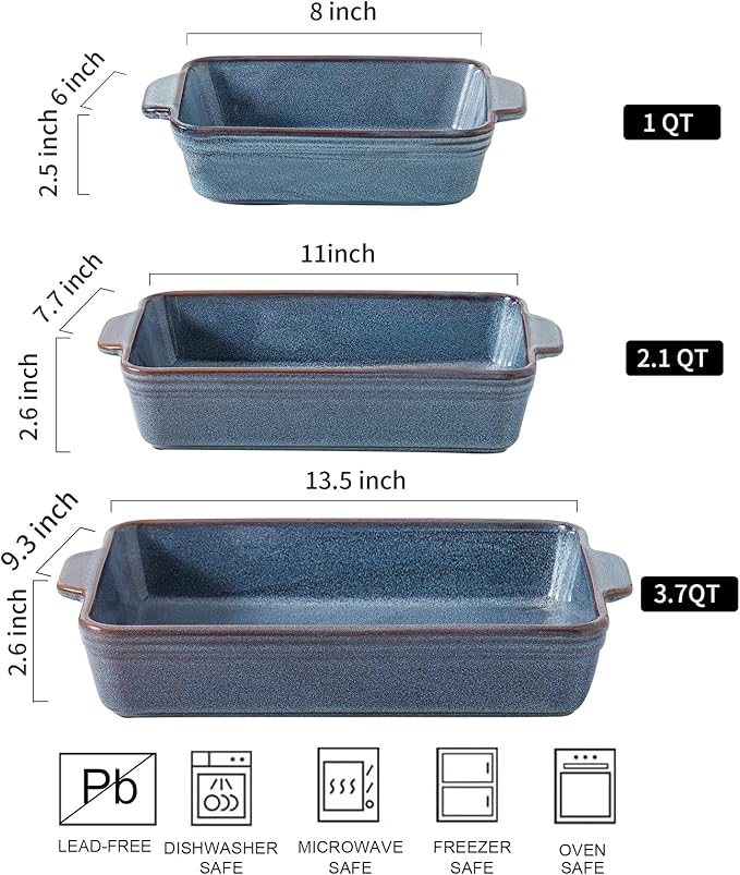 HVH 9x13 Baking Dish Set, Large Casserole Dishes for Oven, Ceramic Bakeware Set of 3, Rectangular
