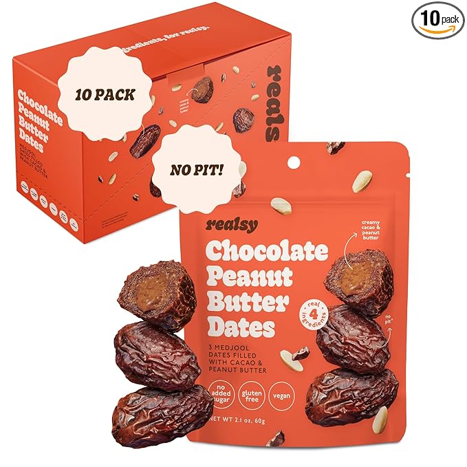 Realsy Peanut Butter Chocolate Filled Medjool Dates, Organic Dates with No Sugar Added