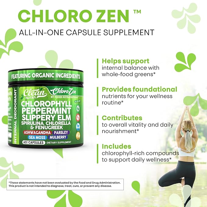 Clean Nutra Chlorophyll Peppermint Slippery Elm Spirulina Chlorella Fenugreek Ashwagandha Sea Moss
