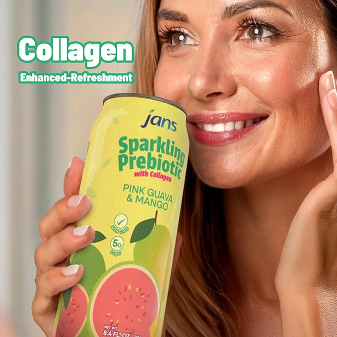 Jans Sparkling Prebiotic with Collagen Soda Beverage ??Pink Guava & Mango 8.4 Fl Oz (6-Pack) ??Low
