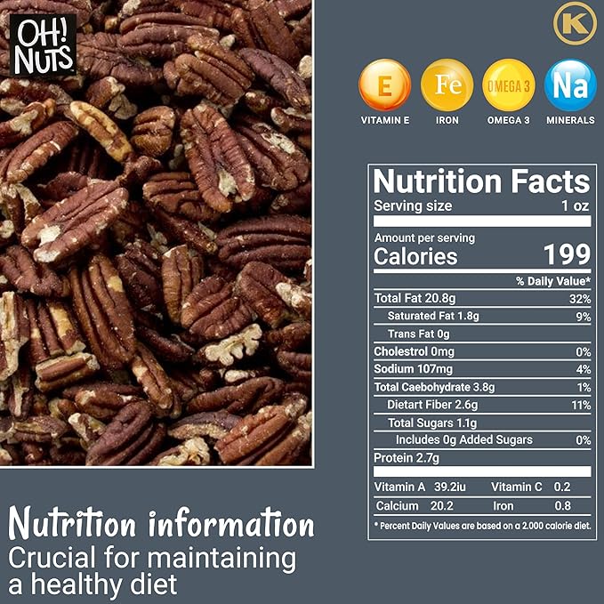 Oh! Nuts Pecans Dry Roasted Salted - All Natural Salted Pecans Halves - 2 lb Bulk Bag - Oil-Free