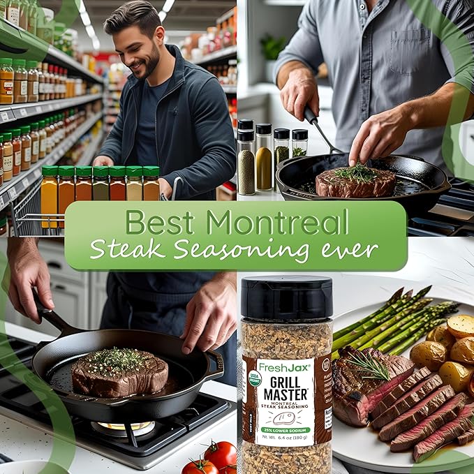 FreshJax Grill Master Montreal Steak Seasoning ??Organic Low Sodium 6.0 oz Bottle, Bold BBQ &
