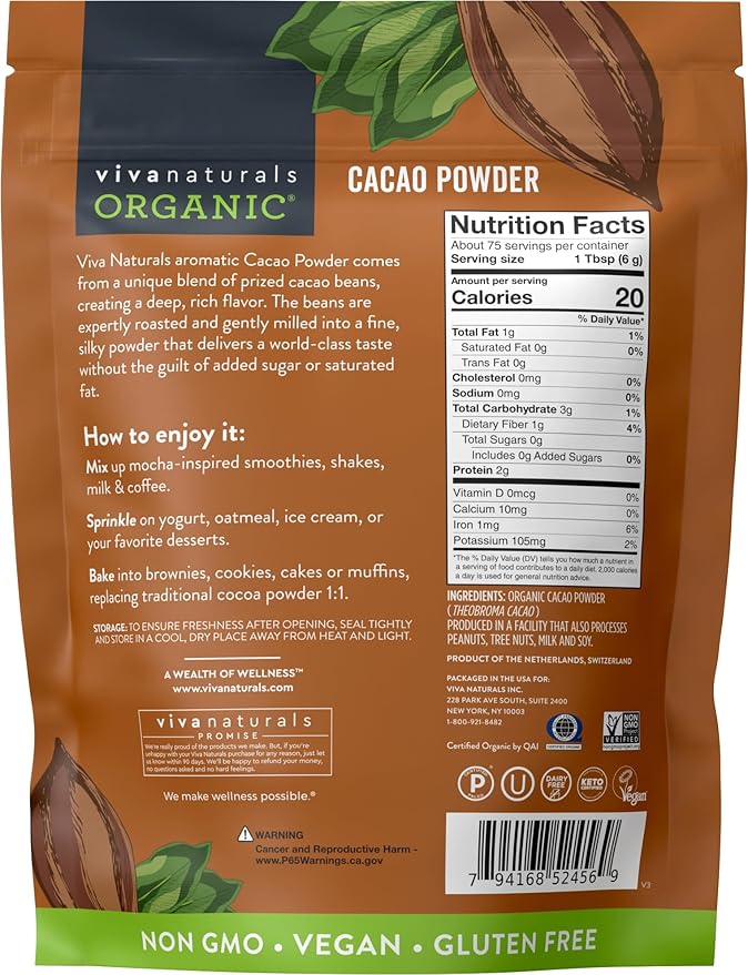 Viva Naturals Organic Cacao Powder, 1lb - Unsweetened Cacao Powder With Rich Dark Chocolate Flavor