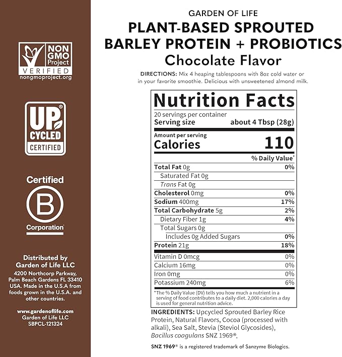 Garden of Life Plant-Based Sprouted Barley Protein, Chocolate with 21g Protein, 0g Sugar & Clean
