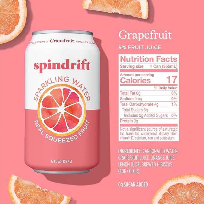 Spindrift Sparkling Water, Grapefruit Flavored, Made with Real Squeezed Fruit, (Only 15 Calories