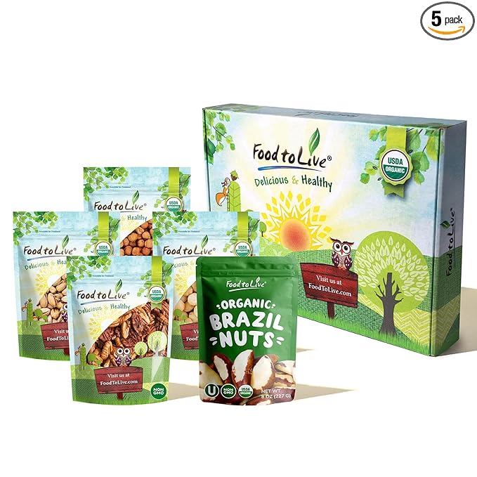 Food to Live - Organic Delicious Nuts in a Gift Box - A Variety Pack of Pecans, Hazelnuts, Brazil