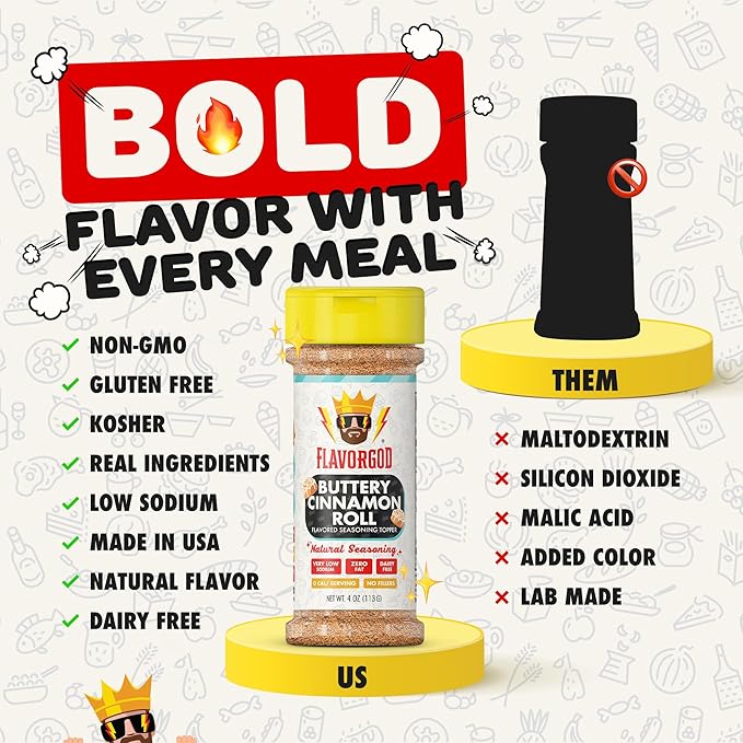 Flavor God 2 Bottles Buttery Cinnamon Roll Seasoning Topper Mix, Natural Healthy Blend, Bread