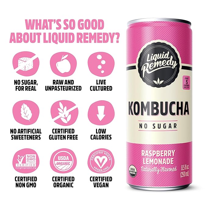 Liquid Remedy Kombucha Sugar Free Organic Drink, Low Calorie, Probiotic Like Tea for Gut Health