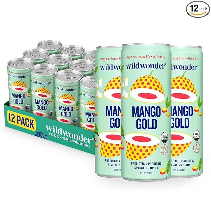 wildwonder Sparkling Probiotic Drink 12pk, For Gut Health & Immune Support, Mango Gold, 5g