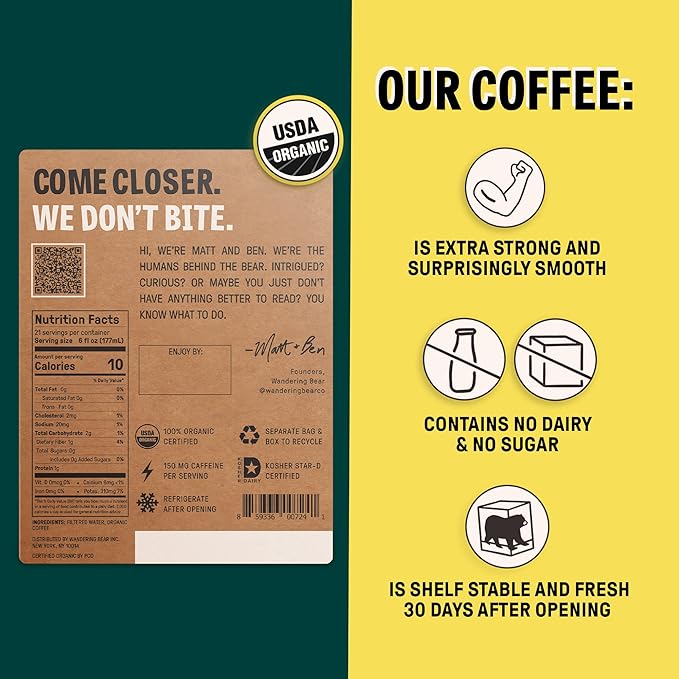 Wandering Bear Straight Black Organic Cold Brew Coffee On Tap, 128 fl oz (1 gallon) - Extra Strong