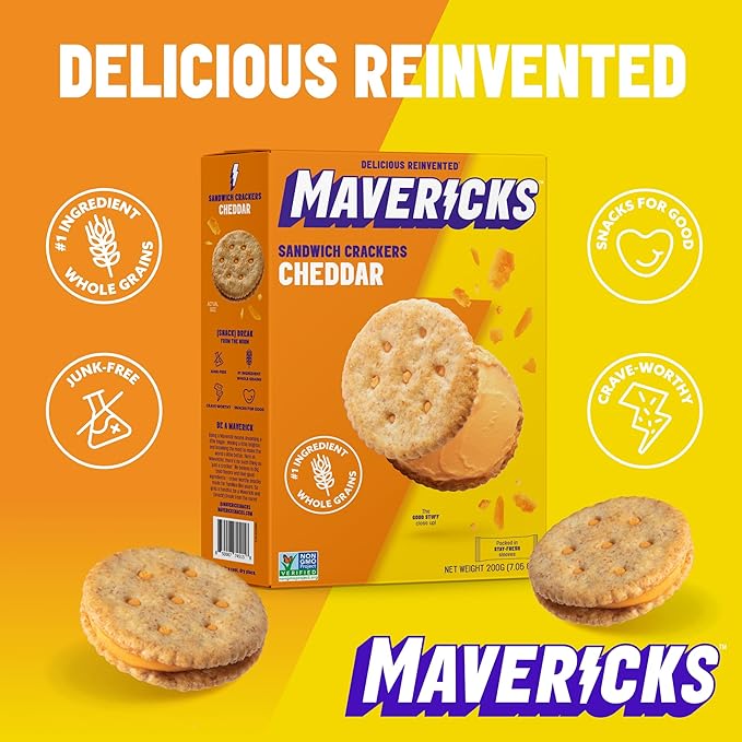Mavericks Sandwich Crackers Cheddar - Cheese Filled Whole Grain Sandwich Cracker Snack Packs