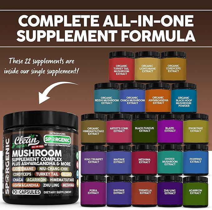 Organic Mushroom Supplement | Ashwagandha Lions Mane Cordyceps Turkey Tail Reishi Mushrooms Maca