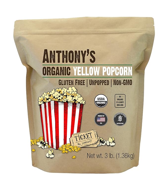 Anthony's Organic Yellow Popcorn Kernels, 3 lb, UnPopped, Gluten Free, Non GMO