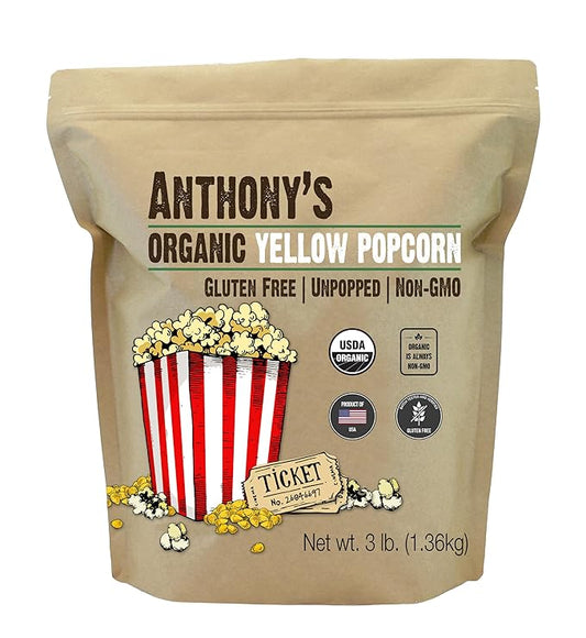 Anthony's Organic Yellow Popcorn Kernels, 3 lb, UnPopped, Gluten Free, Non GMO