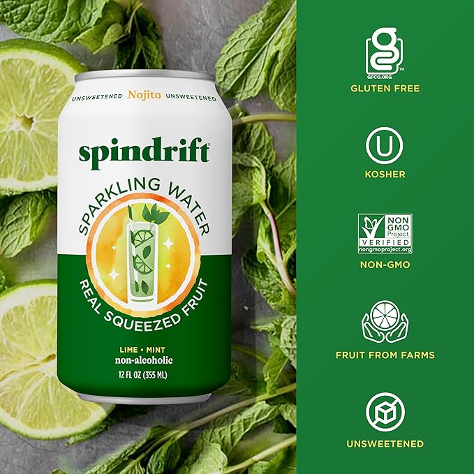 Spindrift Sparkling Water, Nojito Flavored, Made with Real Squeezed Fruit, 12 Fl Oz Cans, Pack of