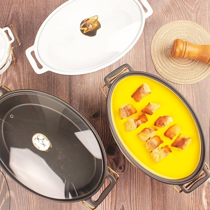 10" x 7" Ceramic Oval Casserole Dish with Glass Lid and Gold rack, 30 Ounce Serving Soup