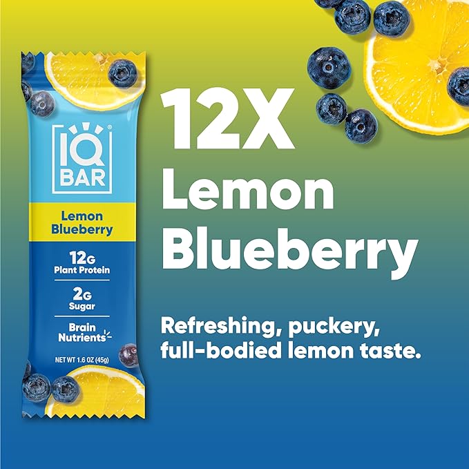 IQBAR Brain and Body Plant Protein Bars - Lemon Blueberry - 12-Count Low Carb - Gluten Free, High