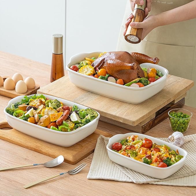3-Pack Ceramic Baking Dishes Set,Heavy-Duty Oven-Safe Stoneware,Deep Rectangular Casserole Pans for