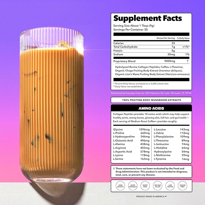Everyday Dose Bold Medium Roast Mushroom Coffee 90mg Caffeine per serving with Grass-Fed Collagen