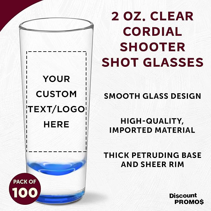 Custom Cordial Shooter Shot Glasses 2 oz. Set of 100, Personalized Bulk Pack - Great for Birthdays