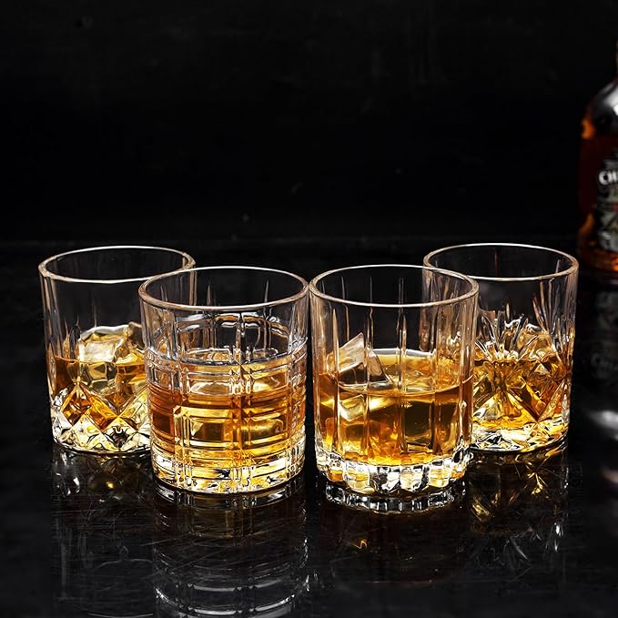 KANARS Whiskey Glasses Set of 4 - Multi Style Crystal Liquor Glasses 10 oz - Rocks Glass Barware