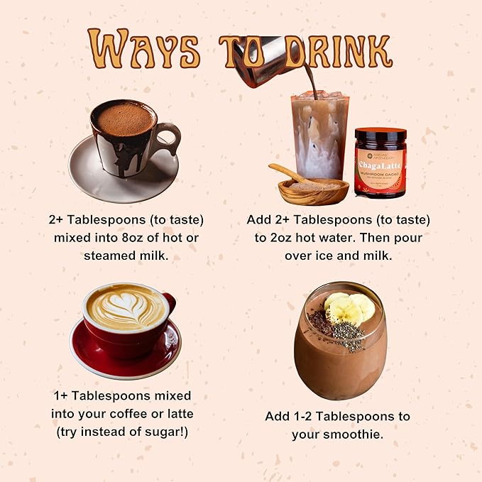 ChagaLatte - Cacao & Mushroom Beverage Blend | Iced Superfood Chaga Supplement & Hot Cocoa | Energy