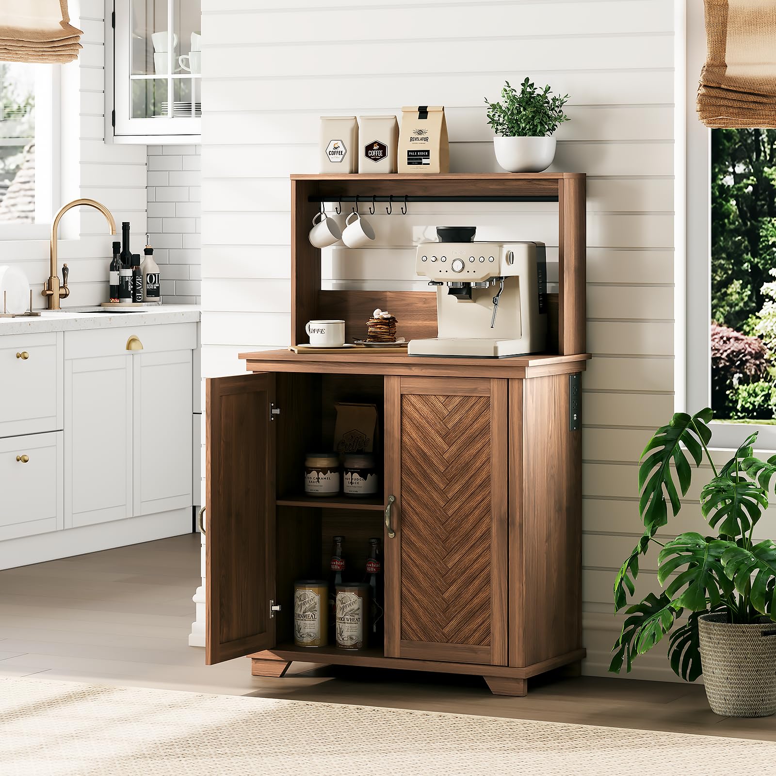JOINICE Coffee Bar Cabinet with Storage and Charging Station,Walnut