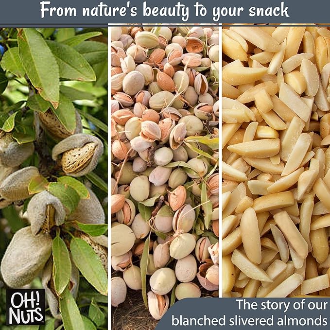 Oh! Nuts Almonds Blanched Slivered - Raw - 100% Natural - 2 lb - High-Protein Almond - Packed in