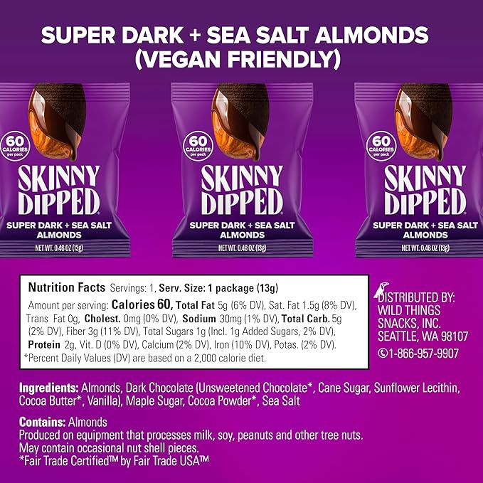 SkinnyDipped Super Dark Chocolate + Sea Salt Almonds, Vegan, Healthy Snack, Plant Protein, Gluten