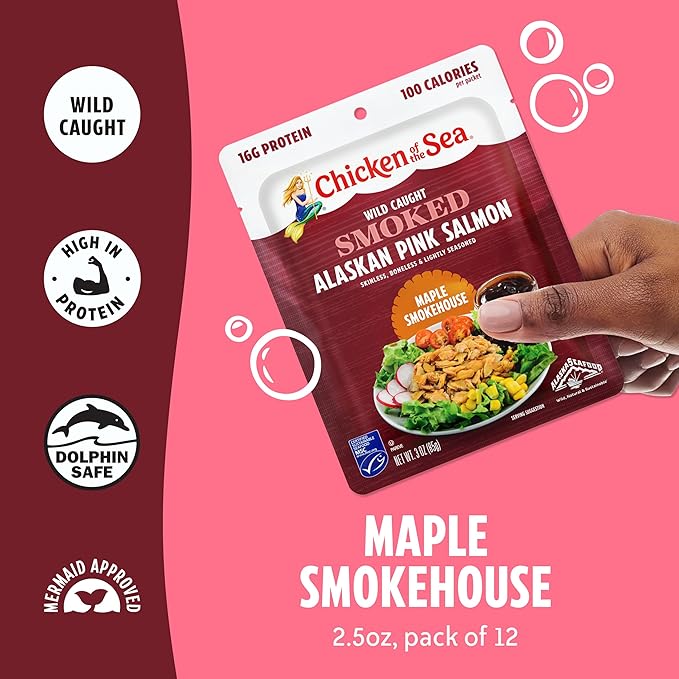 Chicken of the Sea Smoked Alaskan Pink Salmon, 3 oz. Packets (Box of 12), Wild Caught Salmon, Maple