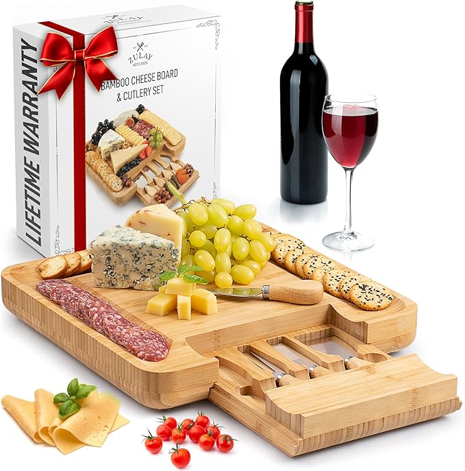 Zulay Kitchen Premium Bamboo Cheese Board Set - Extra Thick Bamboo Charcuterie Board Set with 4