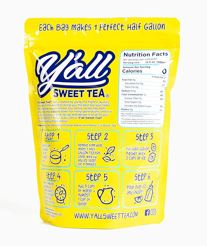 Y'all Sweet Tea - Decaf Iced Tea Bags Half Gallon Size in 7.5 Gallons Per Pack Quick Brew Authentic