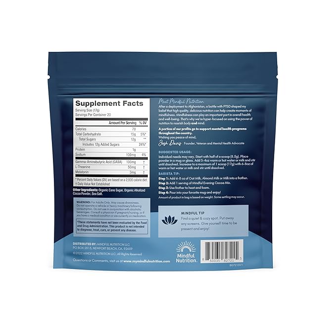 Mindful Evening Cocoa Mix Natural Sleep Aid, Melatonin 3mg, L-Theanine, GABA Supplements, Natural