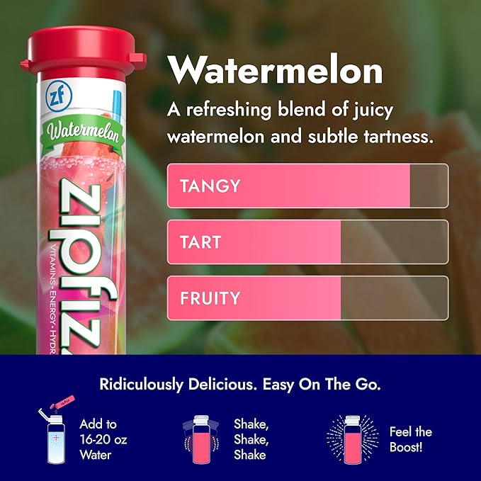 Zipfizz Daily Energy Drink Powder, Watermelon, 20 Pack | 3-in-1 Sustained Energy, Rapid Hydration