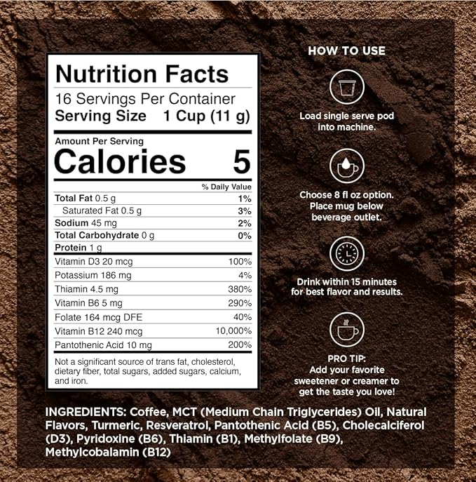 VitaCup Genius Vanilla Keto Coffee Pods w/MCT Oil, Turmeric, B Vitamins, & D3 for Energy & Focus in