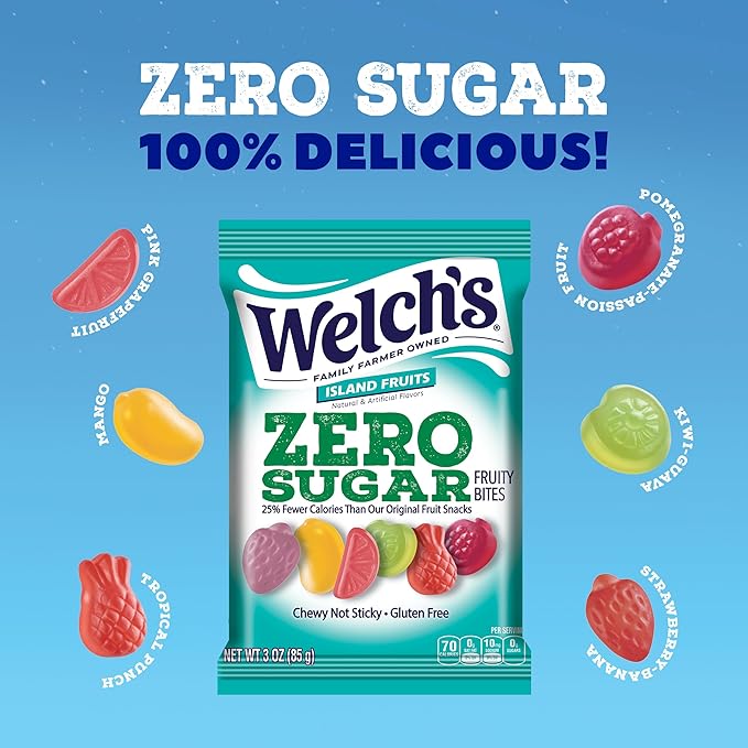 Welch's Zero Sugar Fruity Bites, Island Fruits Snack Box, Gluten Free & Sugar Free Snacks, 3oz