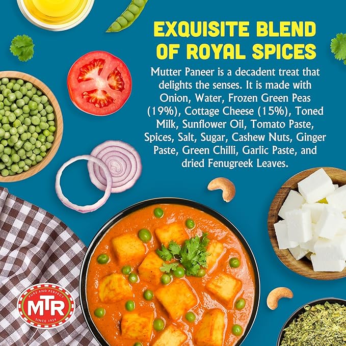 MTR - Minute Meals: Mutter Paneer - Spiced Green Peas & Cottage Cheese in Gravy - Tasty Indian Meal