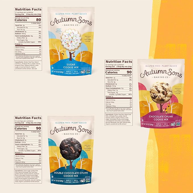 Autumn Sons Baking Co. Gluten Free Cookie Mix Variety Pack. Sugar Cookie, Chocolate Chunk & Double