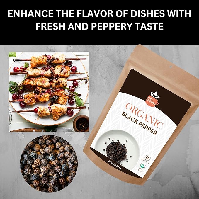 SPICY ORGANIC Whole Black Pepper - 4 lb. - Fresh and Aromatic Peppercorns, Perfect for Grinder
