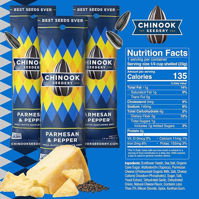 Chinook Seedery Roasted Sunflower Seeds to Eat -1.5 oz (Pack of 36) Parmesan & Pepper - Jumbo Low