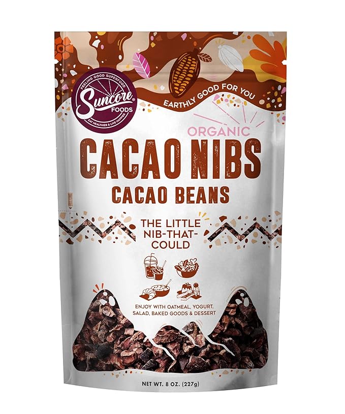 Suncore Foods Organic Cacao Nibs, Gluten-Free, Non-GMO, 8oz (1 Pack)