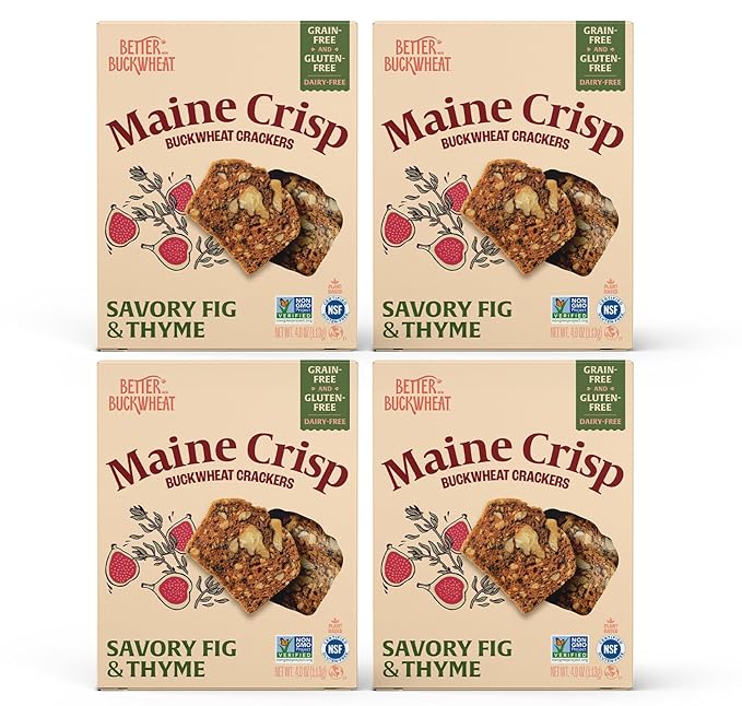 Maine Crisp Savory Fig & Thyme Crisps, 4 Pack, Vegan Gluten Free Crackers - Snack Crackers, Grain
