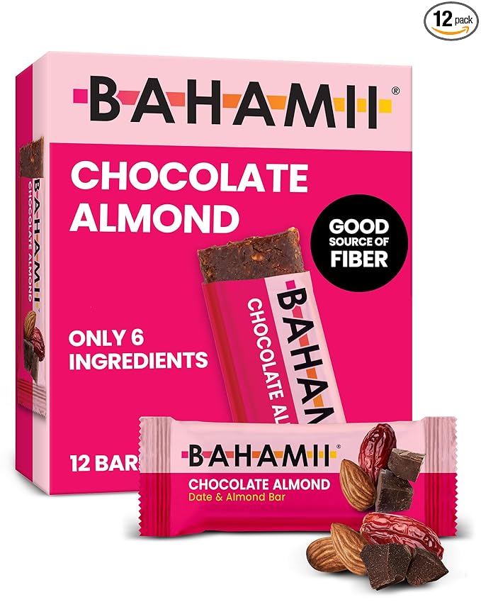 Bahamii Chocolate Almond Nut & Date Bars, 12 Pack, Gluten Free & 0g Added Sugar Low Calorie Snacks