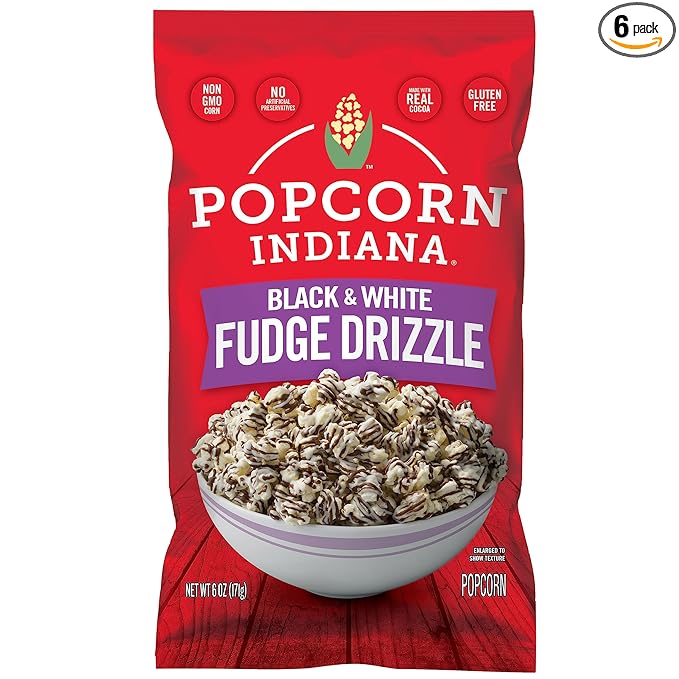 Popcorn Indiana Black & White Fudge Drizzle Chocolate Popcorn (6 oz Bags ??6 Pack) Pre-Popped