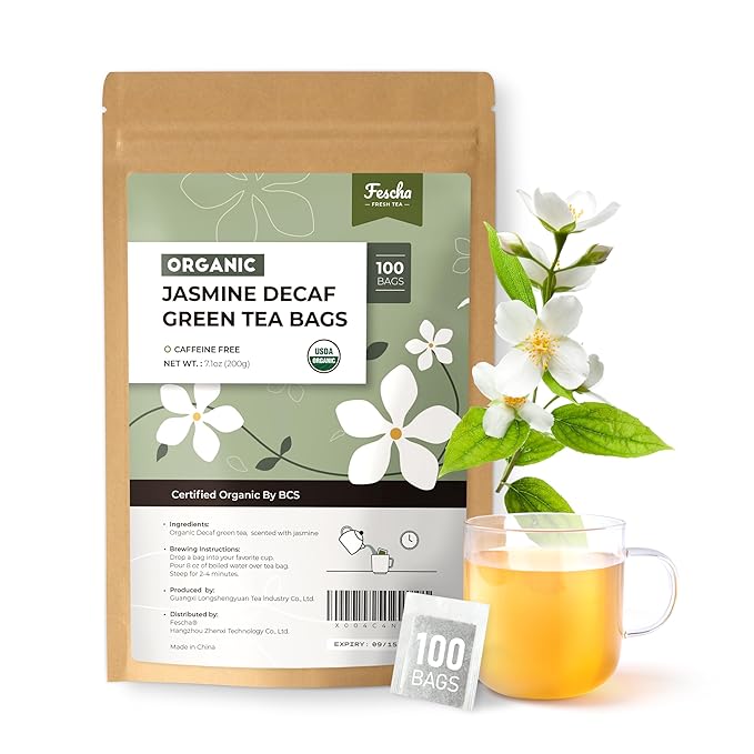 Fescha Organic Decaf Jasmine Green Tea Bags Flower-scented Tea (100-count), Eco-Conscious Tea Bags