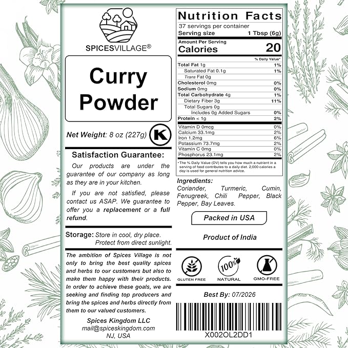 SPICES VILLAGE Yellow Indian Curry Powder, Curry Spice for Cooking, 8 oz, Natural Medium Madras